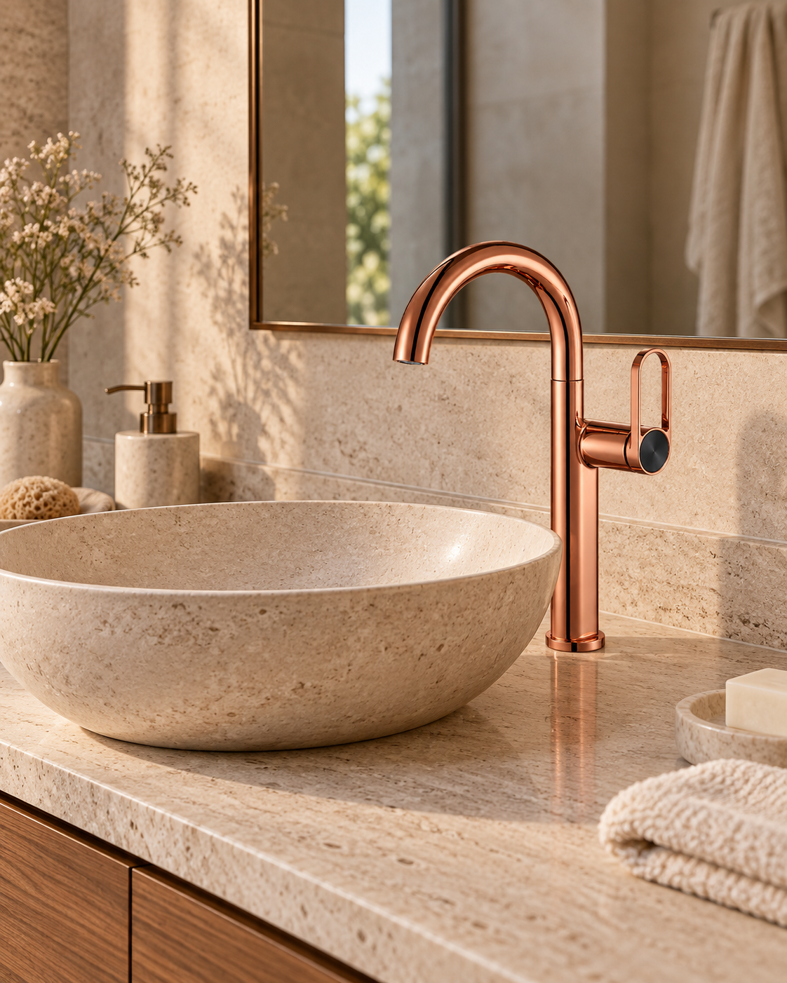 Mitigeur de lavabo SELMA or rose au-dessus d'une vasque ronde à poser