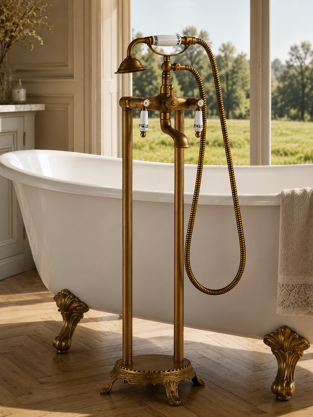 Robinet de baignoire sur pied rétro BRENNA doré dans une salle de bain classique