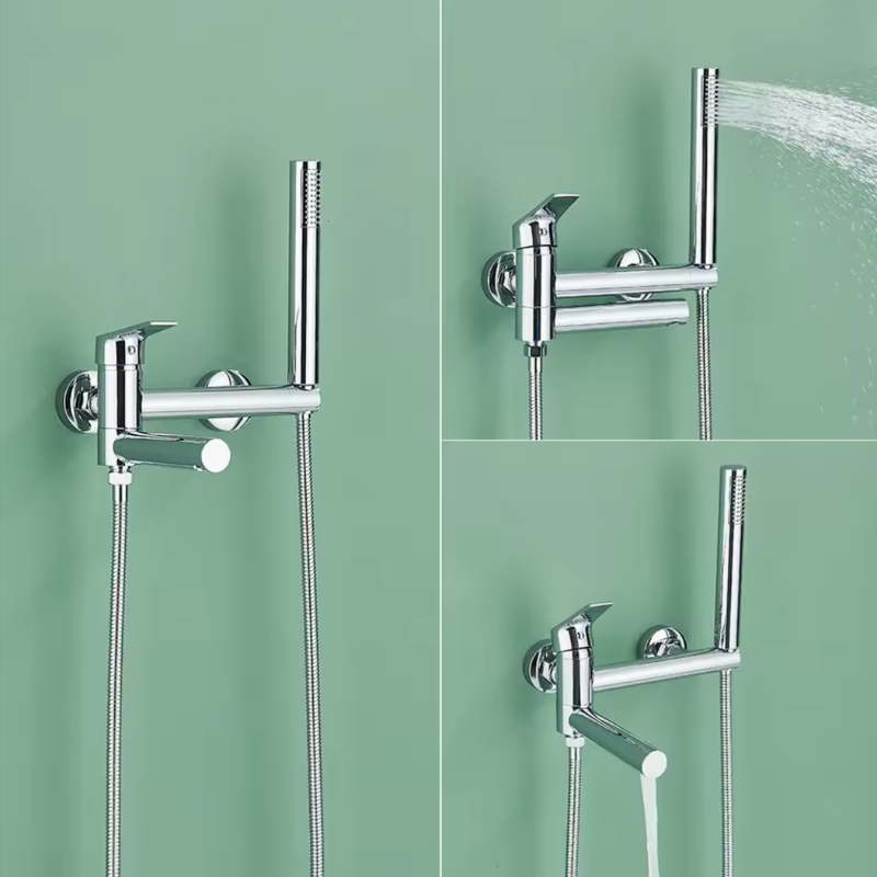 Robinet de baignoire FJORA chromé avec vues de détail de la douchette et du corps