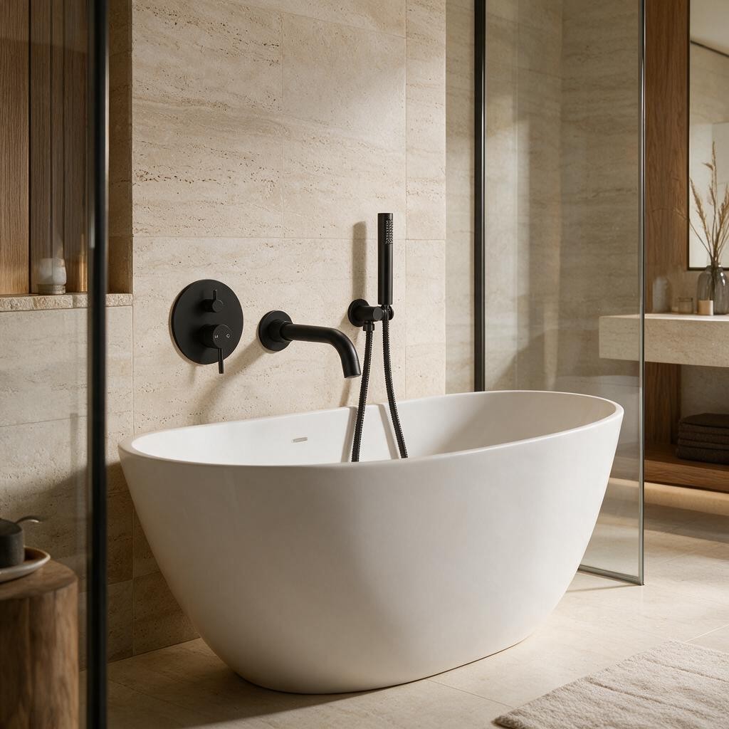 Robinet de baignoire encastrable SVANE noir installé au-dessus d'une baignoire îlot