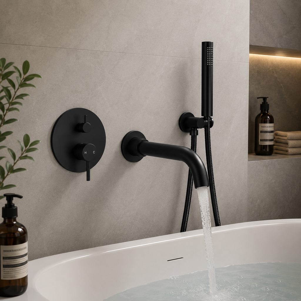 Robinet de baignoire encastrable SVANE noir avec douchette à main au-dessus d'une baignoire