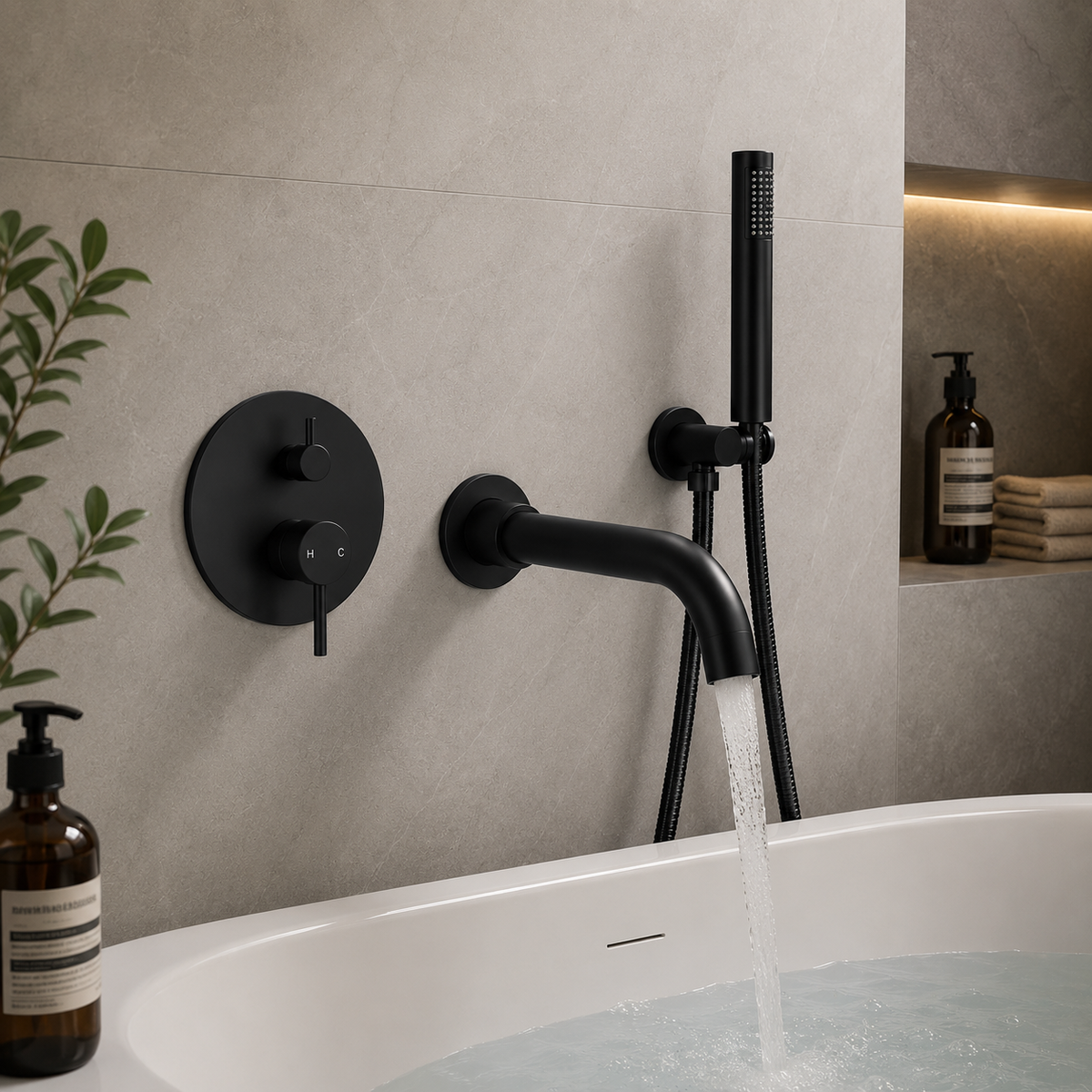 Robinet de baignoire encastrable SVANE noir avec douchette à main au-dessus d'une baignoire