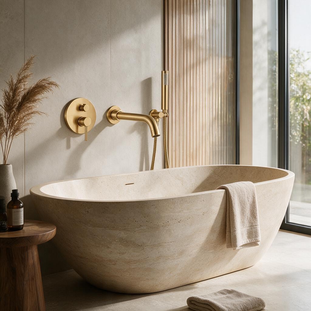 Robinet de baignoire encastrable SVANE doré installé au-dessus d'une baignoire îlot