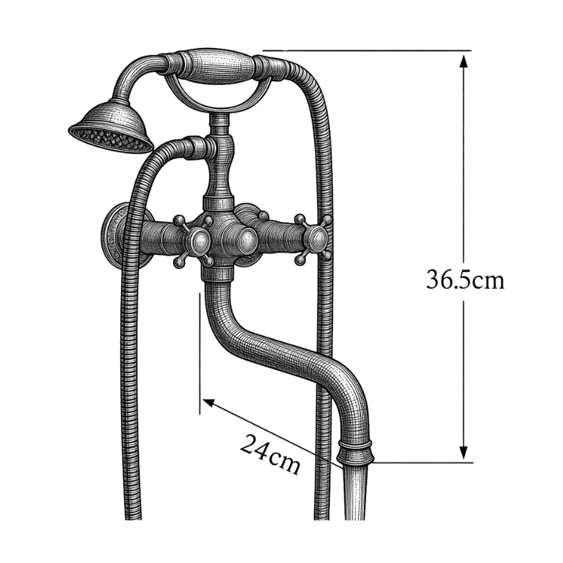 Dimensions du robinet de baignoire mural TERVA : 36,5 cm de hauteur et 24 cm de portée