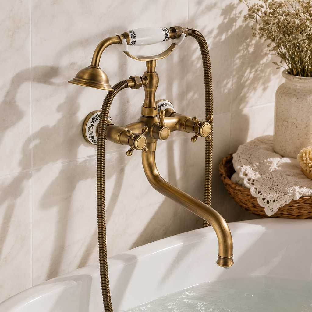 Robinet de baignoire mural TERVA en laiton vintage dans une salle de bain claire
