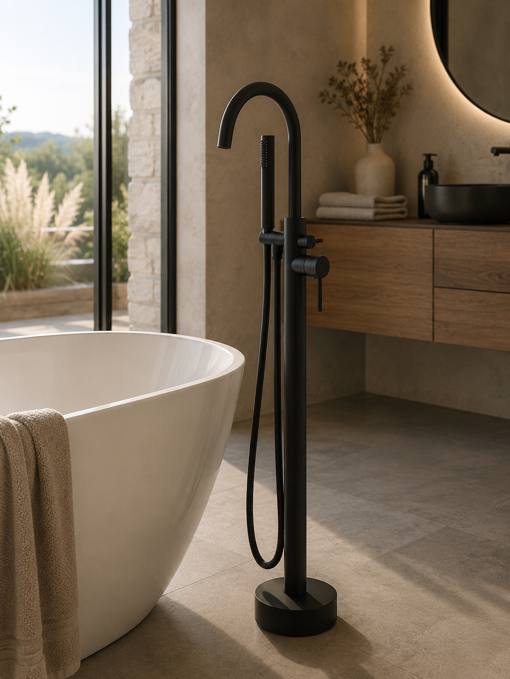 Robinet de baignoire sur pied YRSA noir mat dans une salle de bain claire