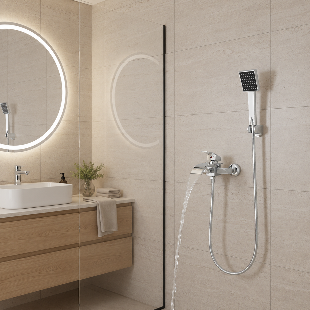 Robinet bain-douche CALEN chromé en fonctionnement dans une salle de bain claire