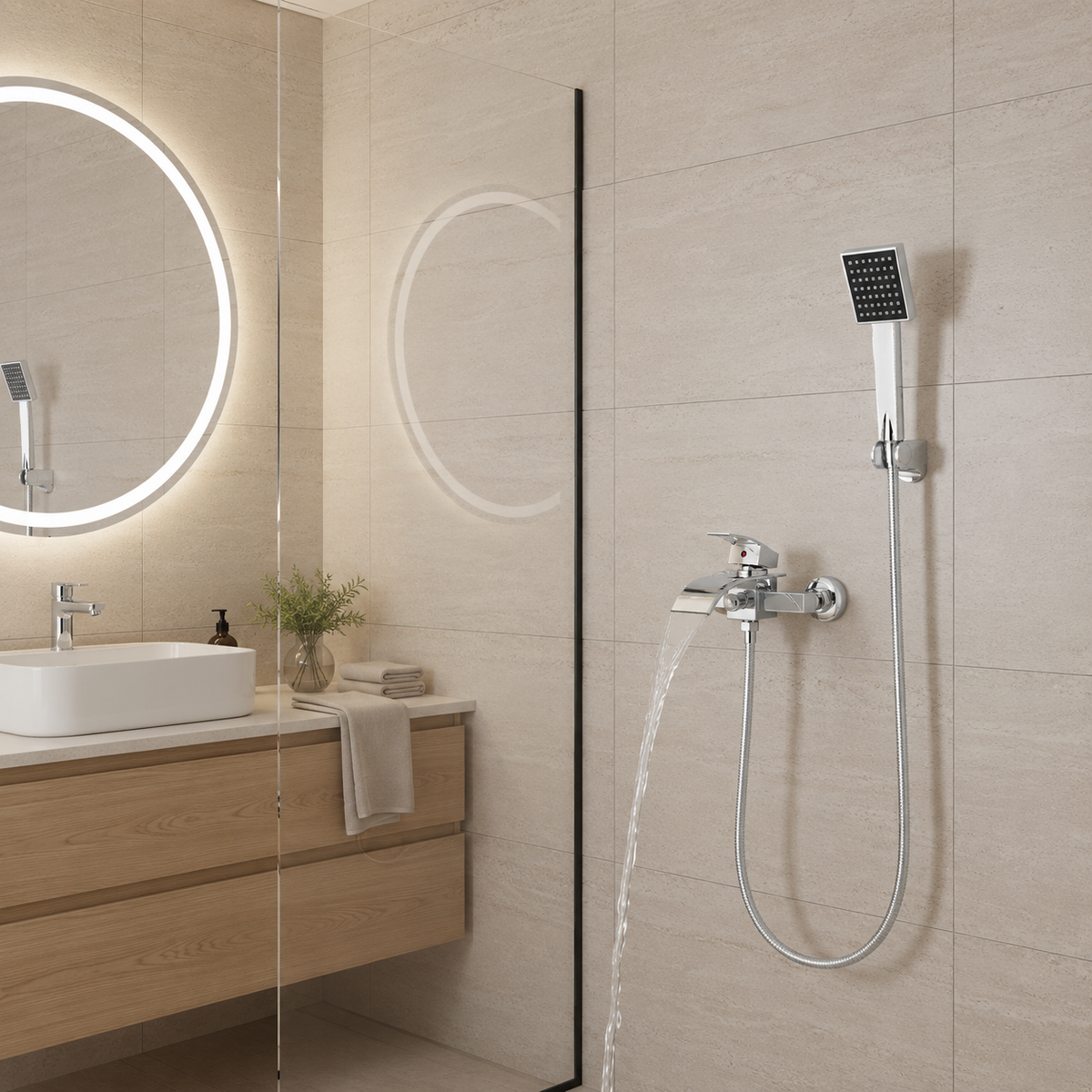 Robinet bain-douche CALEN chromé en fonctionnement dans une salle de bain claire