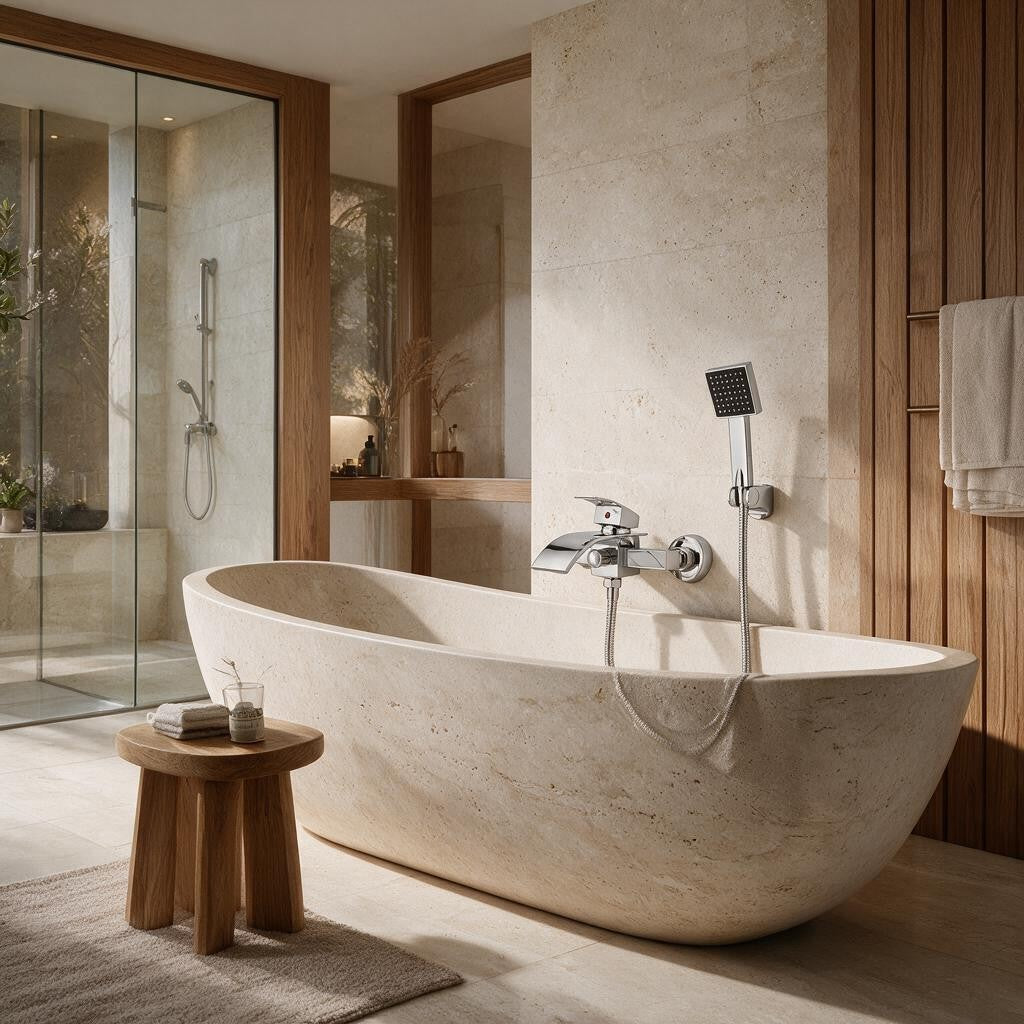 Robinet bain-douche CALEN chromé avec douchette installé près d'une baignoire îlot