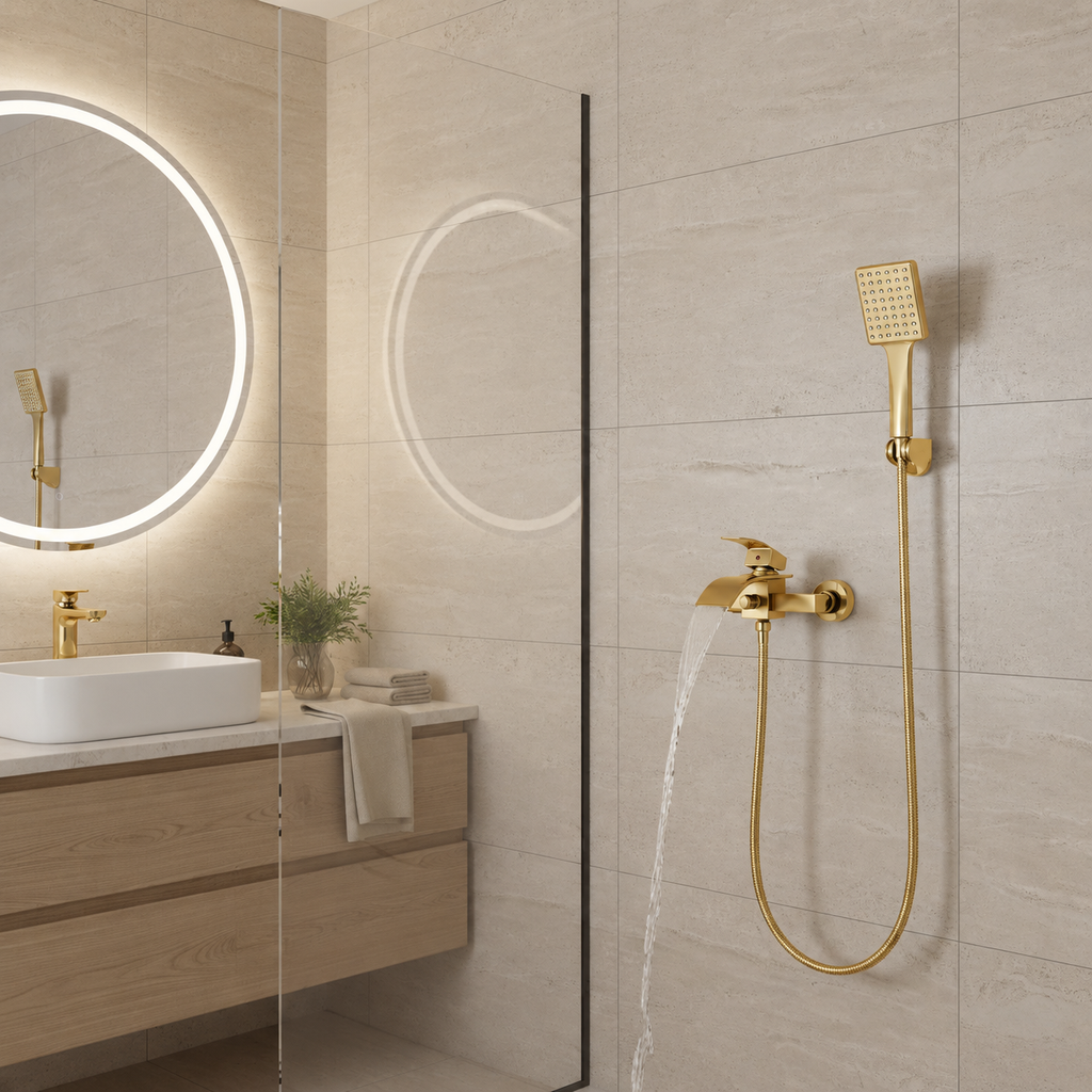 Robinet bain-douche CALEN doré en fonctionnement dans une salle de bain claire