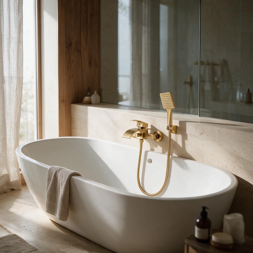 Robinet bain-douche CALEN doré avec douchette installé près d'une baignoire îlot