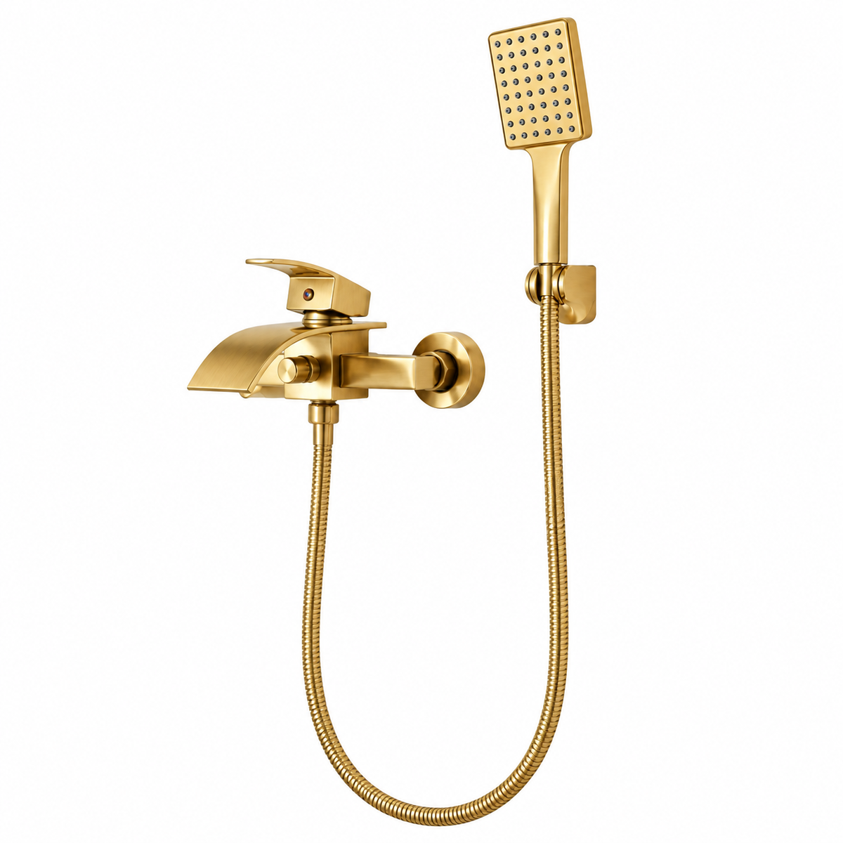 Robinet bain-douche CALEN doré avec douchette et flexible, sur fond blanc
