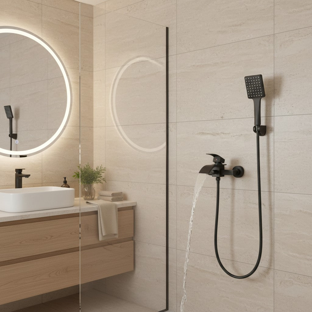 Robinet bain-douche CALEN noir en fonctionnement dans une salle de bain claire