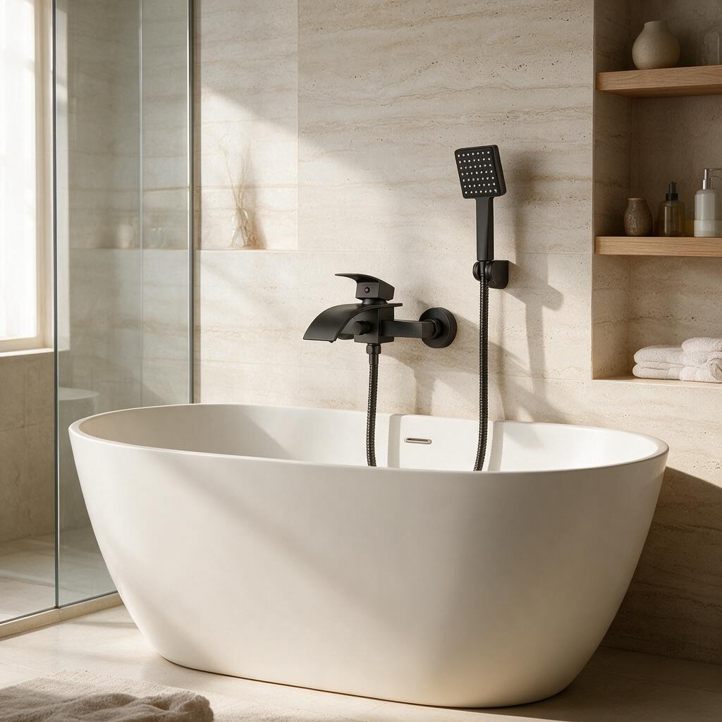 Robinet bain-douche CALEN noir avec douchette installé près d'une baignoire îlot