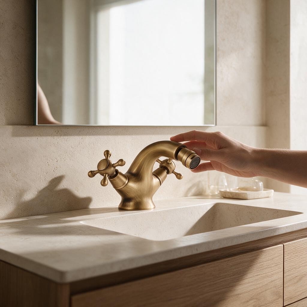 Robinet de bidet KIVRA bronze à croisillons installé sur un plan de toilette en pierre