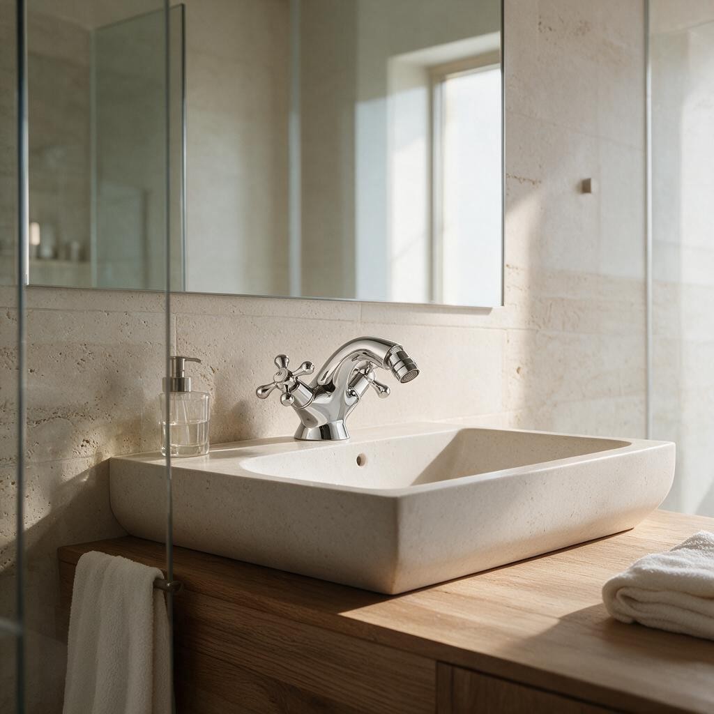 Robinet de bidet KIVRA chromé à croisillons installé sur une vasque blanche