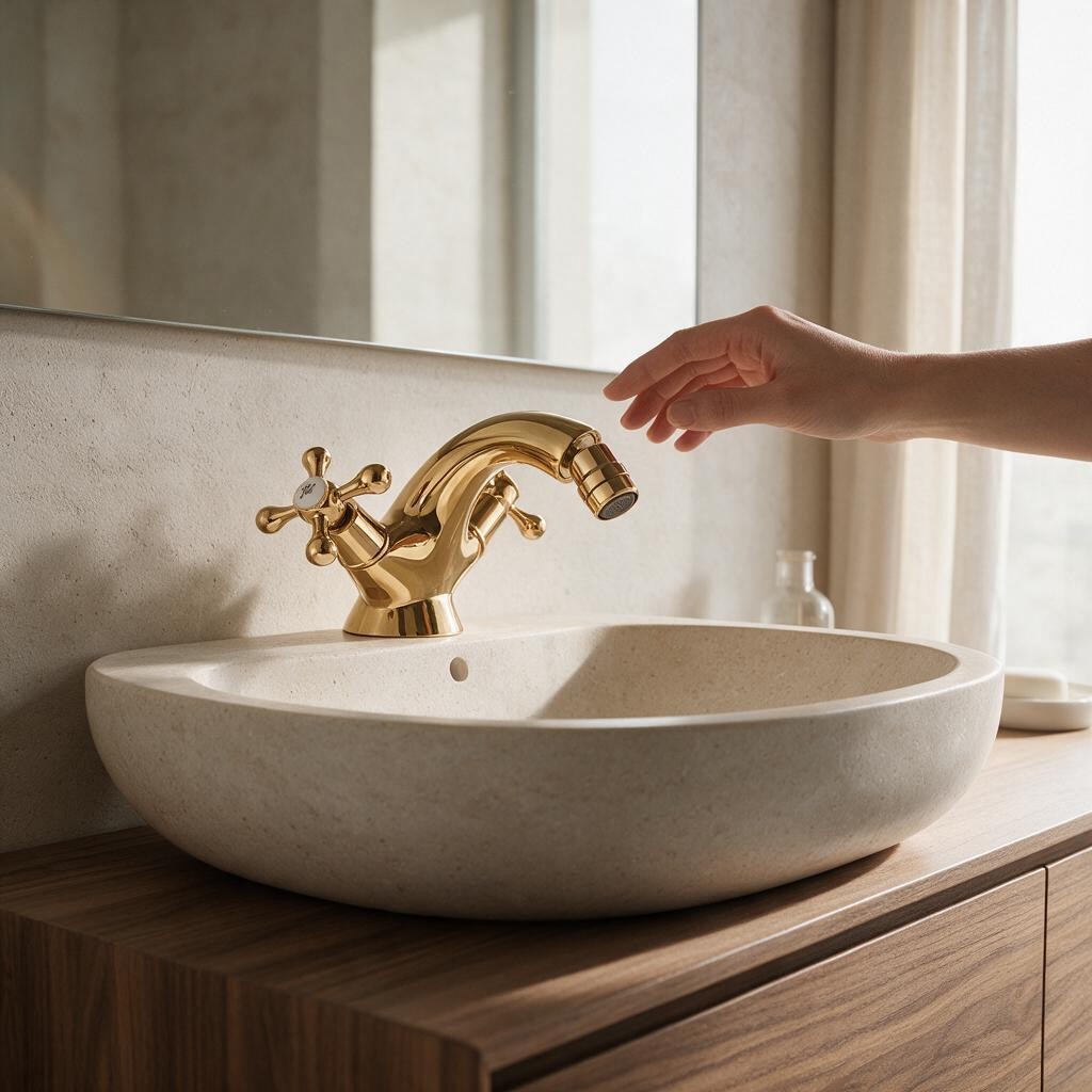 Robinet de bidet KIVRA doré à croisillons installé sur une vasque en pierre