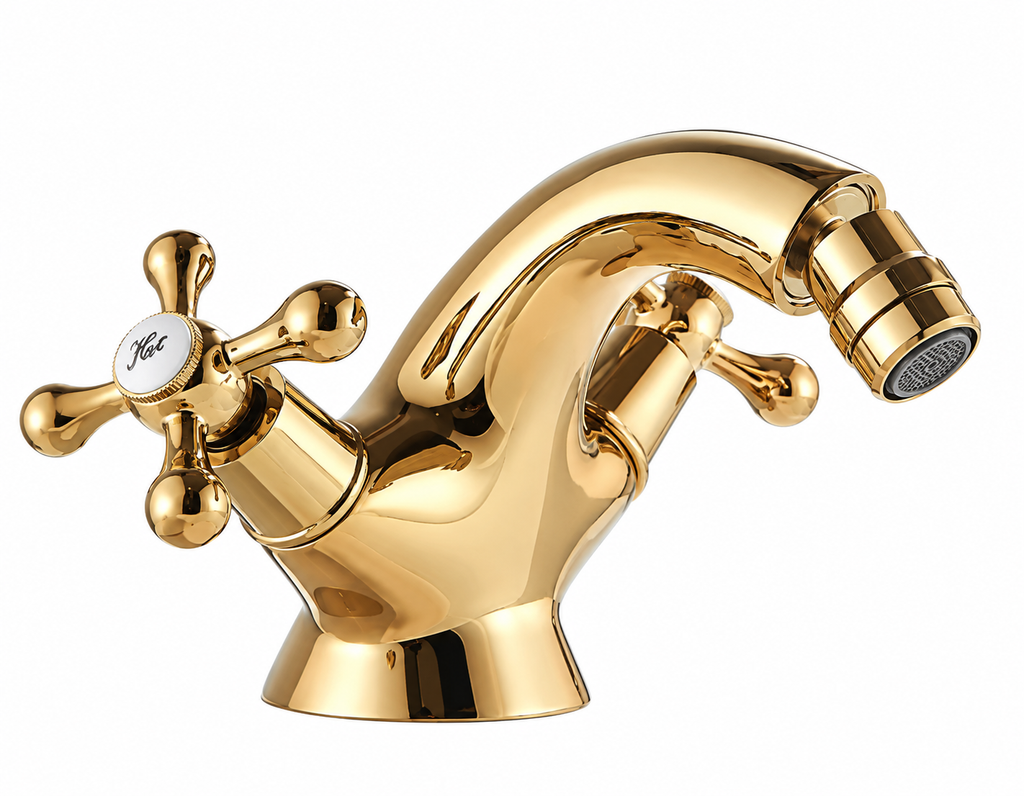 Robinet de bidet KIVRA doré à croisillons, vue de face sur fond blanc