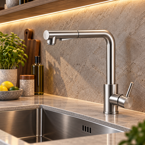Robinet de cuisine ASVIK gris brossé au-dessus d'un évier en inox