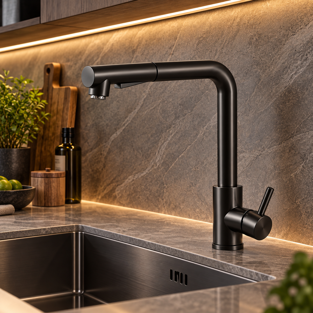 Robinet de cuisine ASVIK noir au-dessus d'un évier en inox