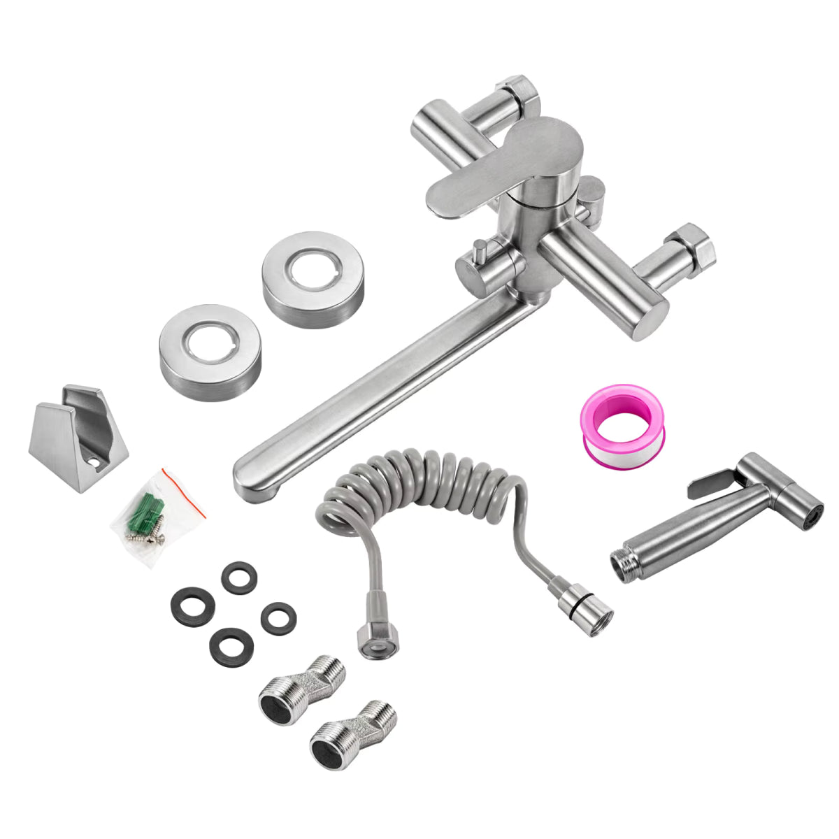 Contenu du colis du robinet de cuisine ISVEN : corps mural, douchette, flexible et joints