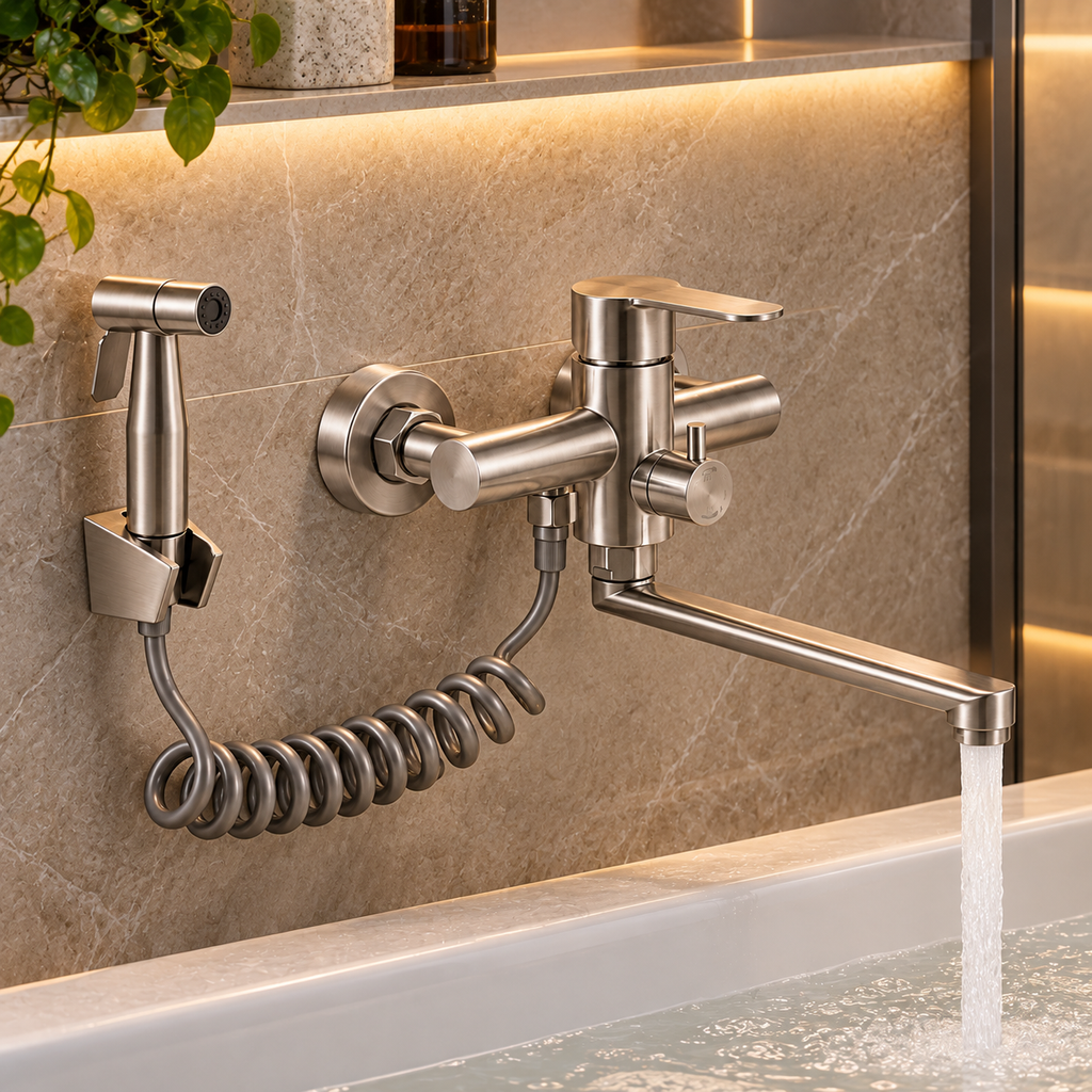 Robinet de cuisine mural ISVEN en inox avec douchette à flexible spiralé