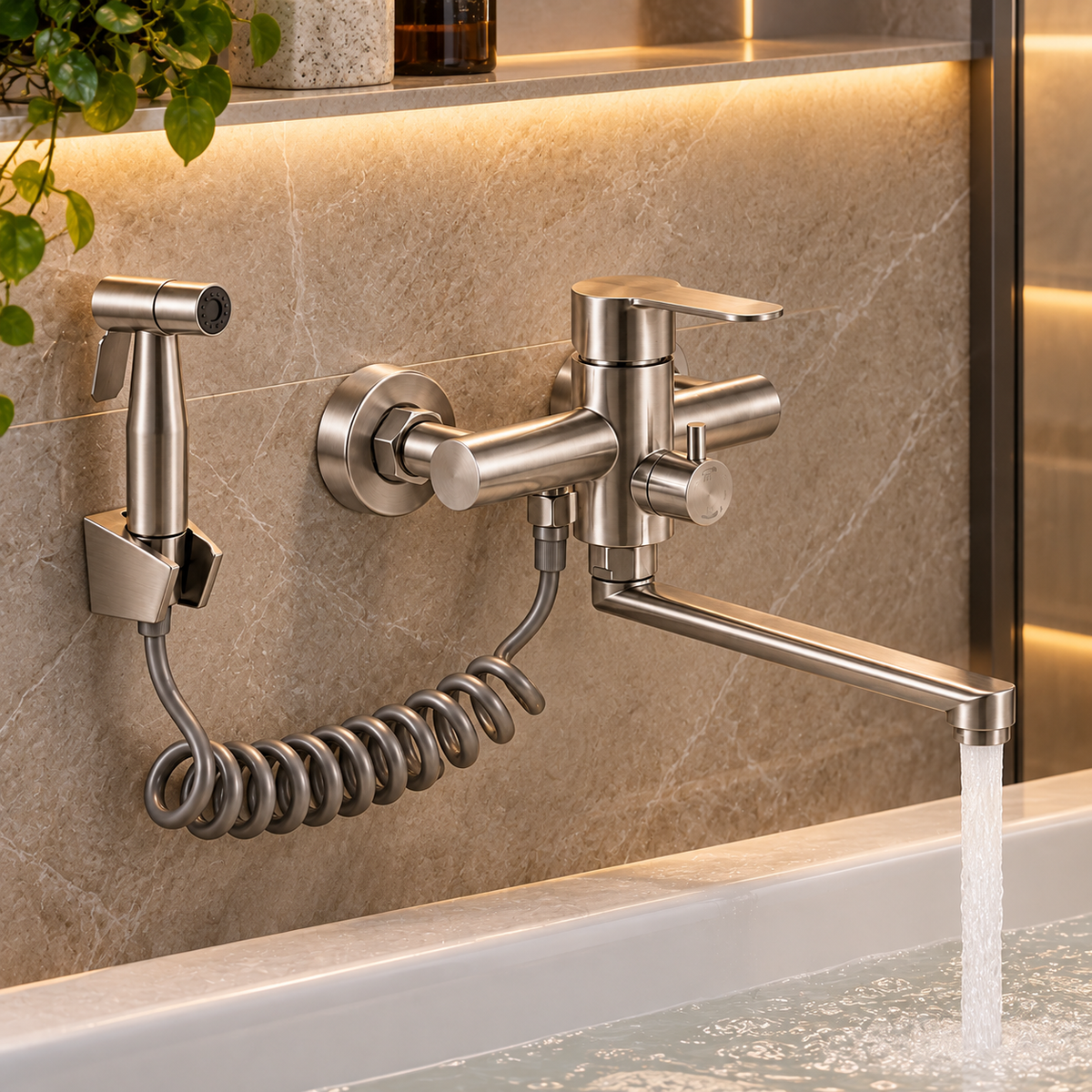 Robinet de cuisine mural ISVEN en inox avec douchette à flexible spiralé