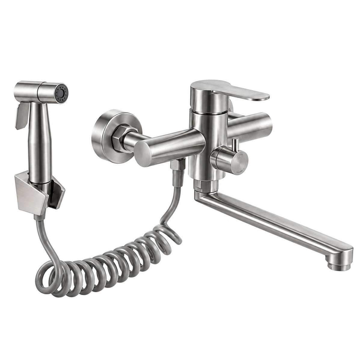 Robinet de cuisine mural ISVEN en inox avec sa douchette, vue de face sur fond blanc