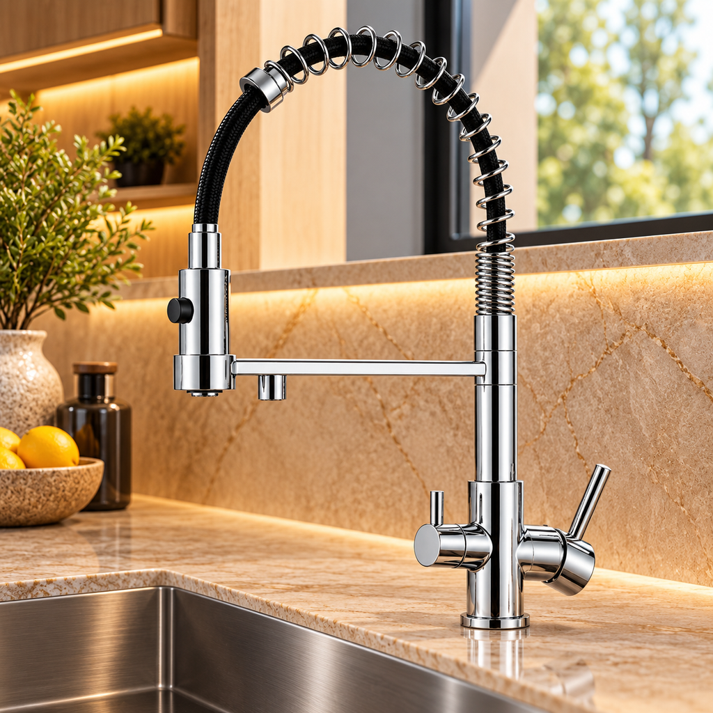Robinet de cuisine KORVEN chromé à ressort installé sur un évier en inox