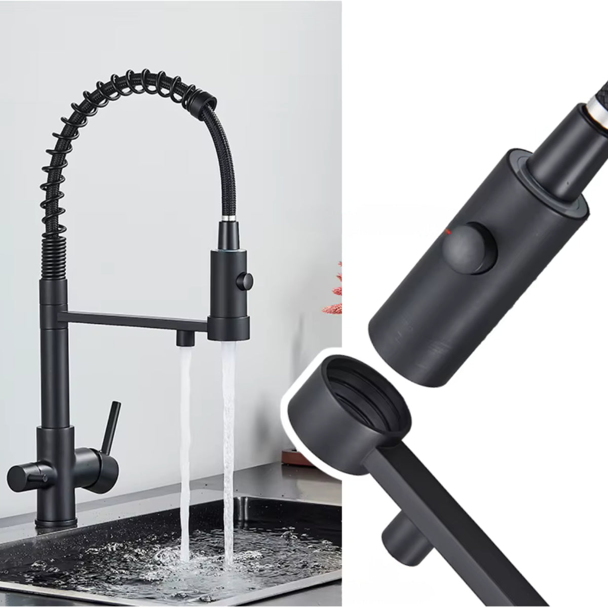 Détail de la tête de douchette du robinet de cuisine KORVEN en finition noire