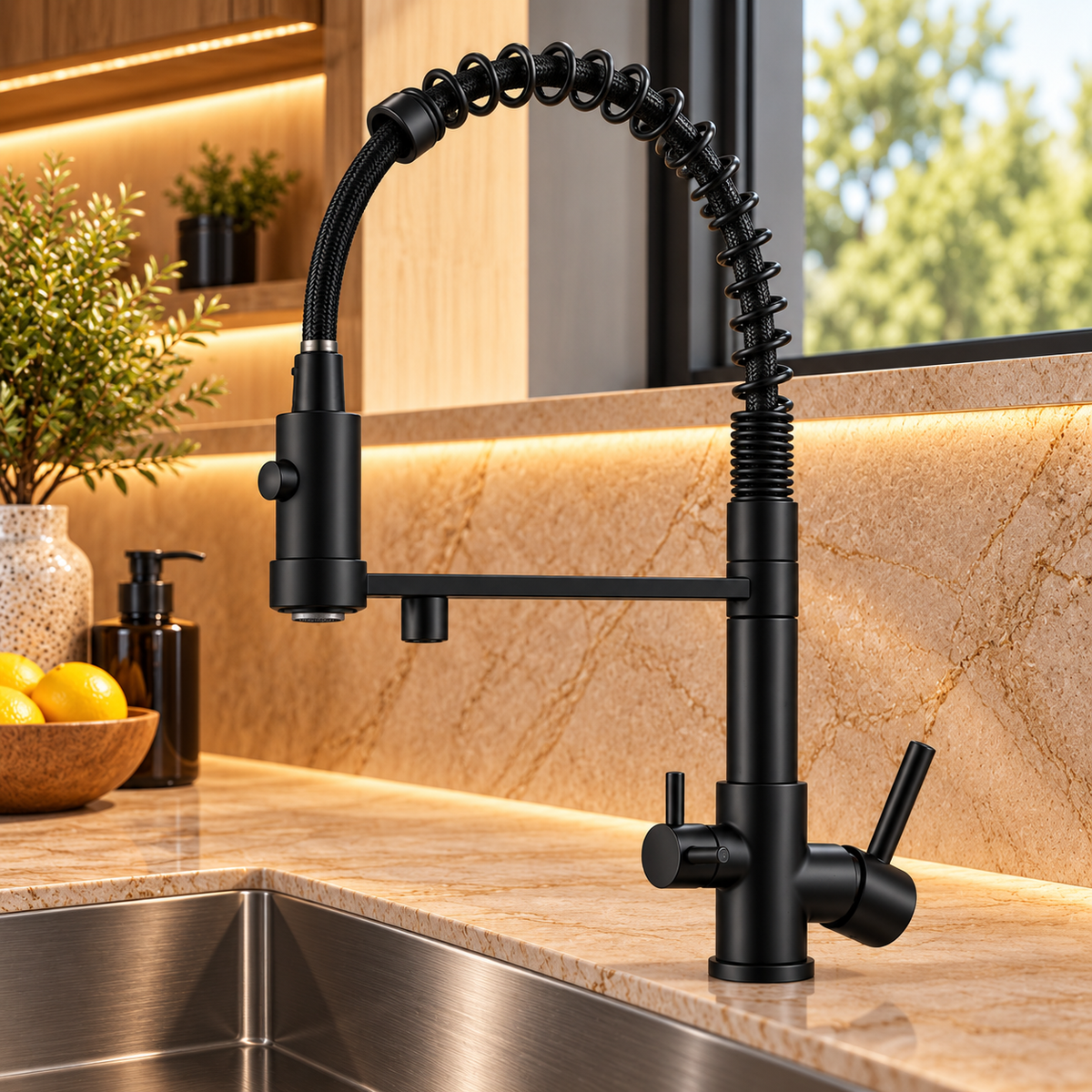 Robinet de cuisine KORVEN noir à ressort dans une cuisine contemporaine