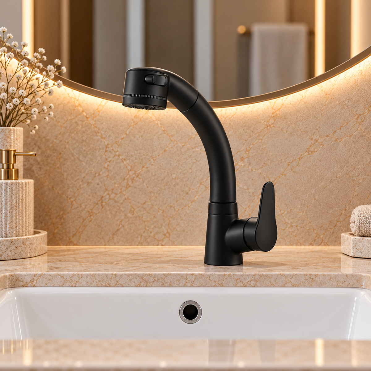 Robinet LOVIK noir à douchette extractible installé sur une vasque