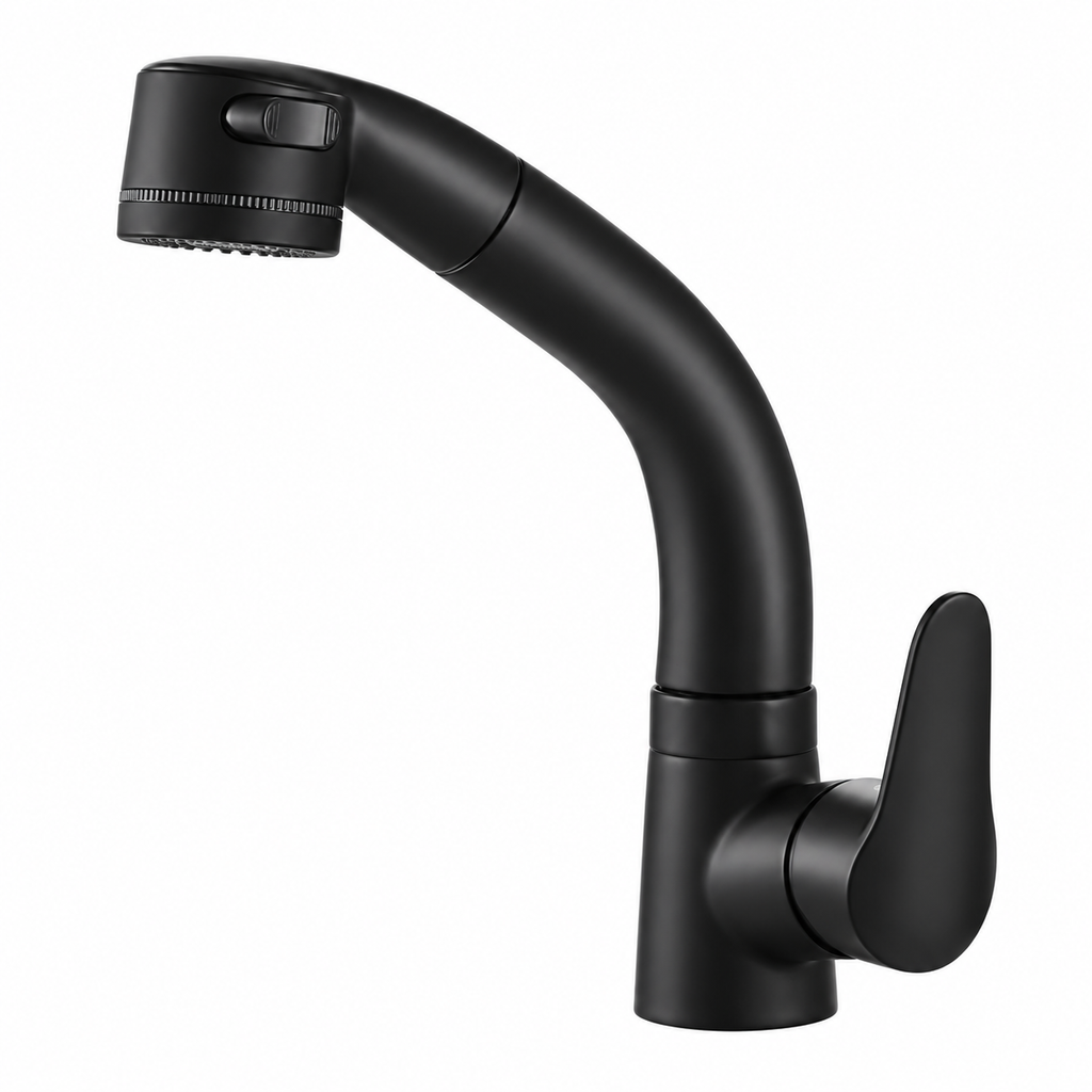 Robinet LOVIK noir à douchette extractible, vue de face sur fond blanc