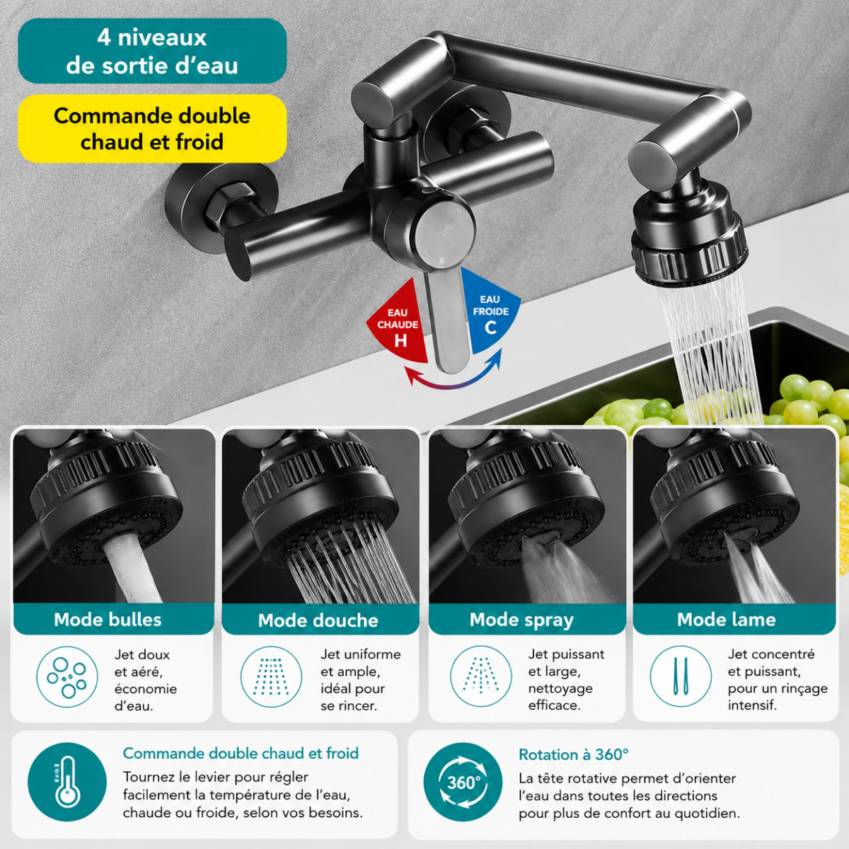 Les quatre modes de sortie d'eau du robinet de cuisine NOVIK : bulles, douche, spray et lame