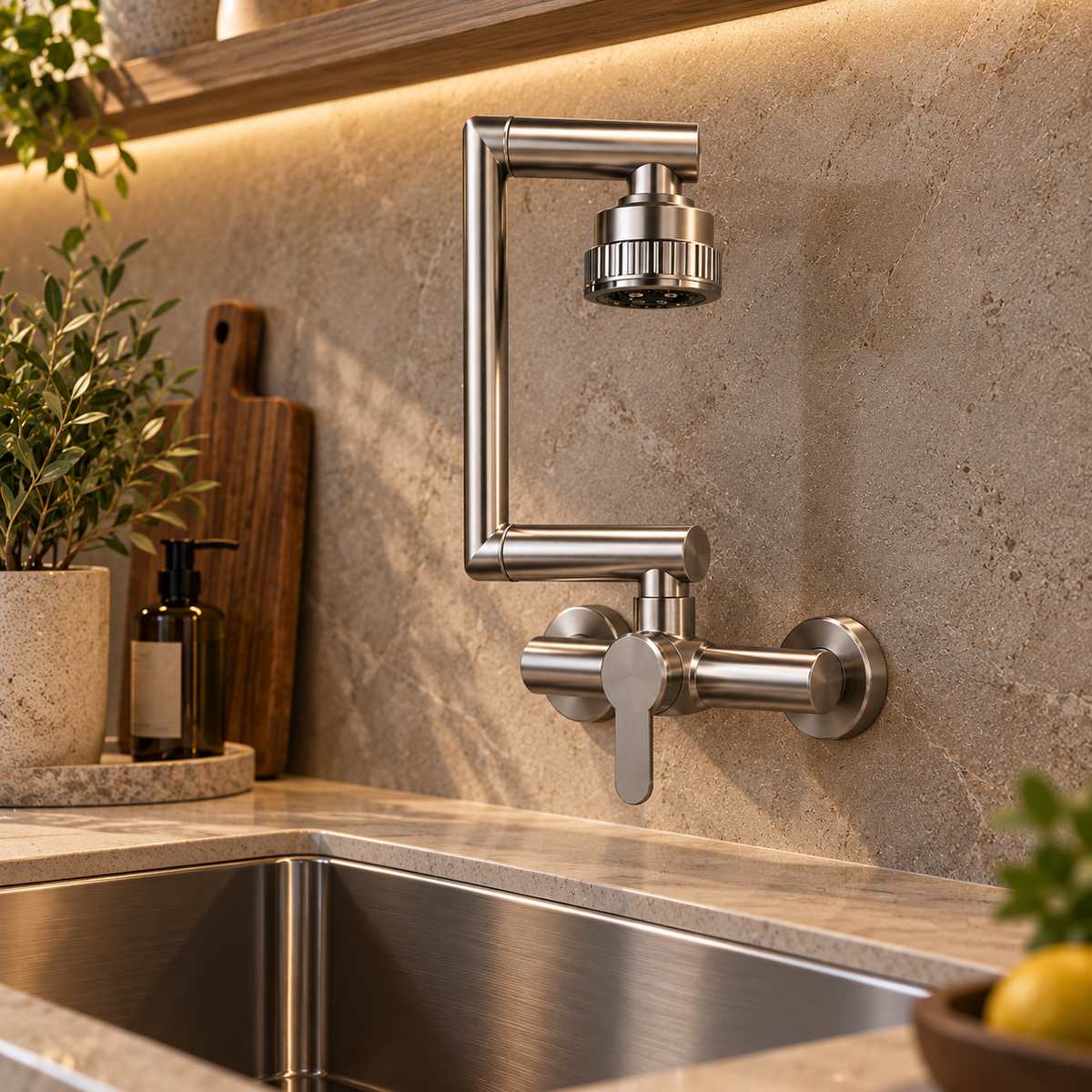 Robinet de cuisine NOVIK en inox à bras articulé installé au-dessus d'un évier