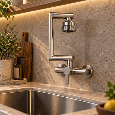 Robinet de cuisine NOVIK en inox à bras articulé installé au-dessus d'un évier