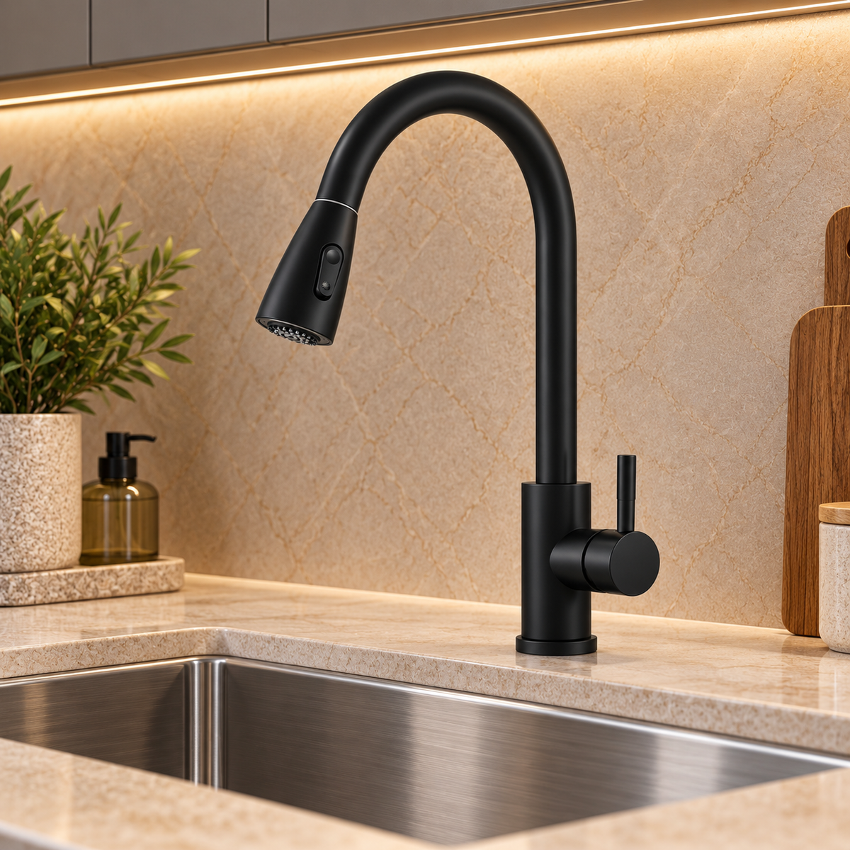 Robinet de cuisine ODVAR noir à douchette extractible au-dessus d'un évier en inox