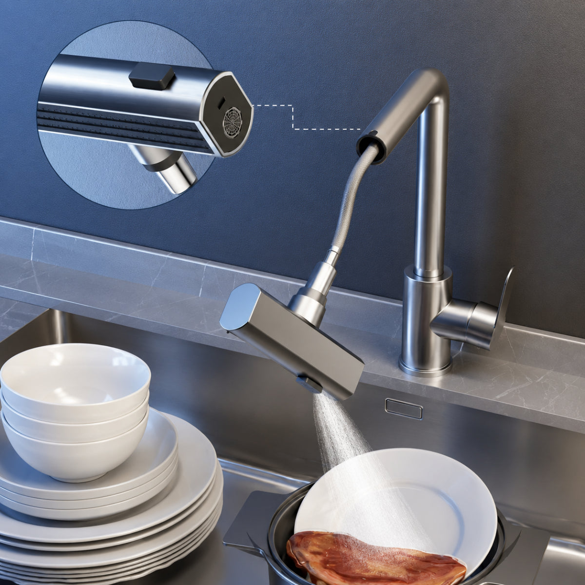 Douchette du robinet de cuisine SKARN utilisée pour rincer la vaisselle