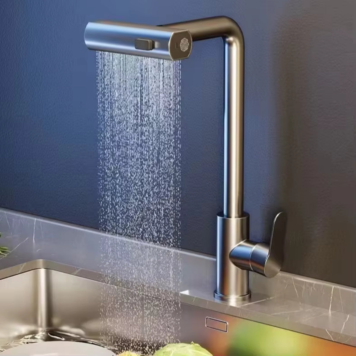 Robinet de cuisine SKARN en inox brossé diffusant un jet en pluie