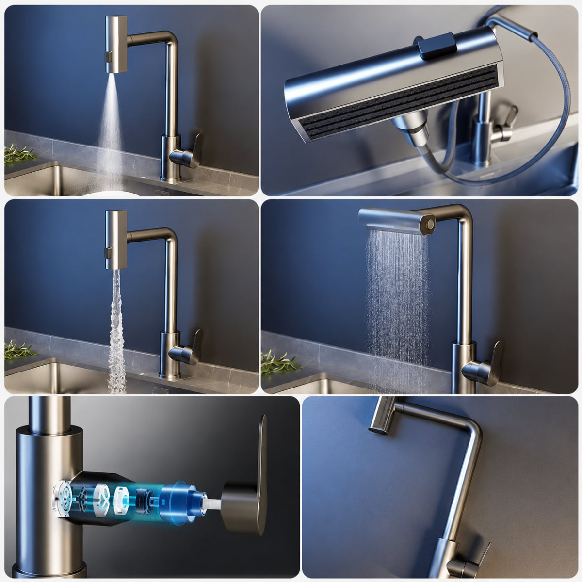 Différents modes de sortie d'eau du robinet de cuisine SKARN
