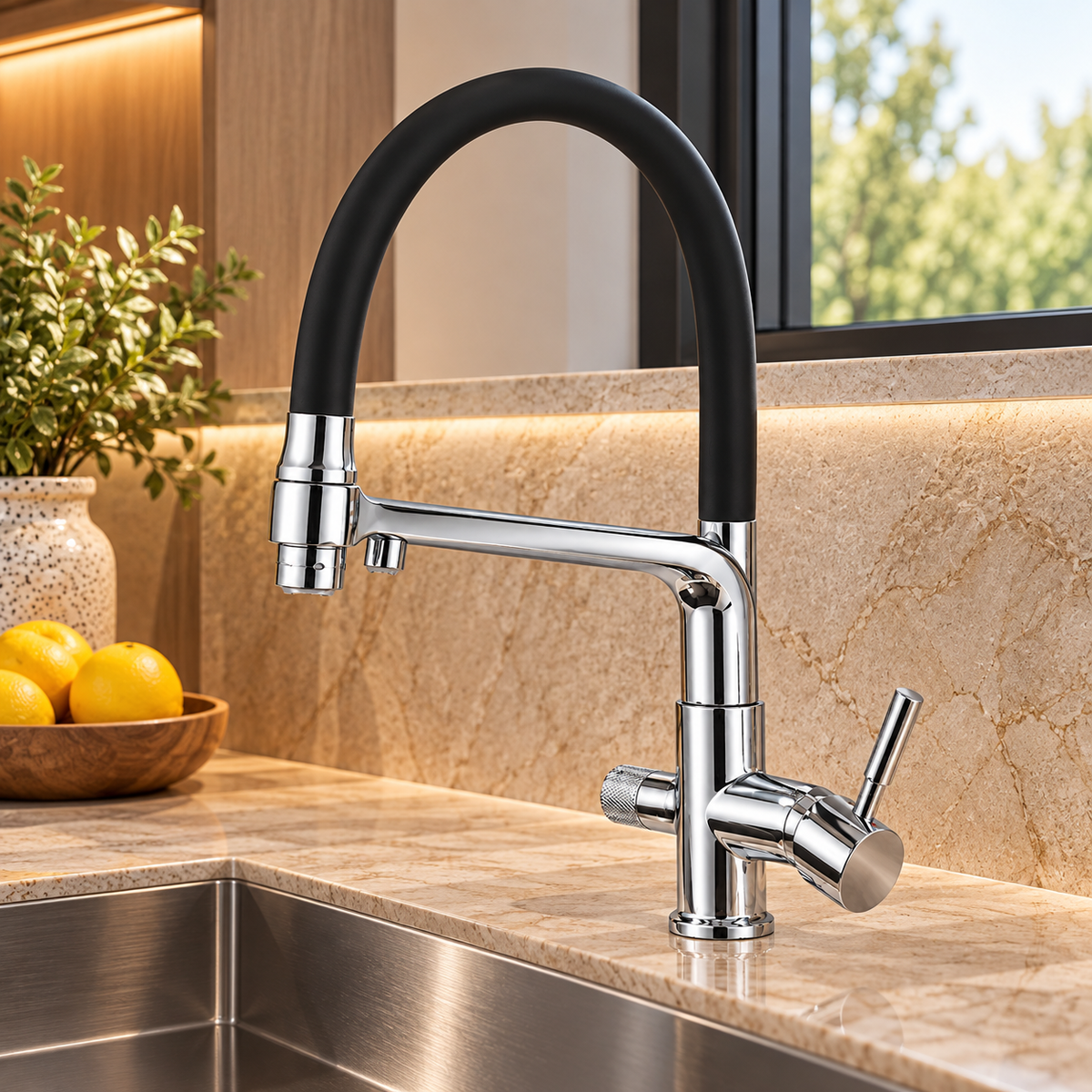 Robinet de cuisine TARVEN chromé à col flexible noir sur un évier en inox