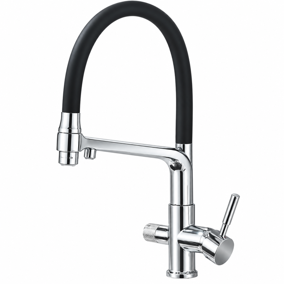 Robinet de cuisine TARVEN chromé à col flexible noir, vue de face sur fond blanc