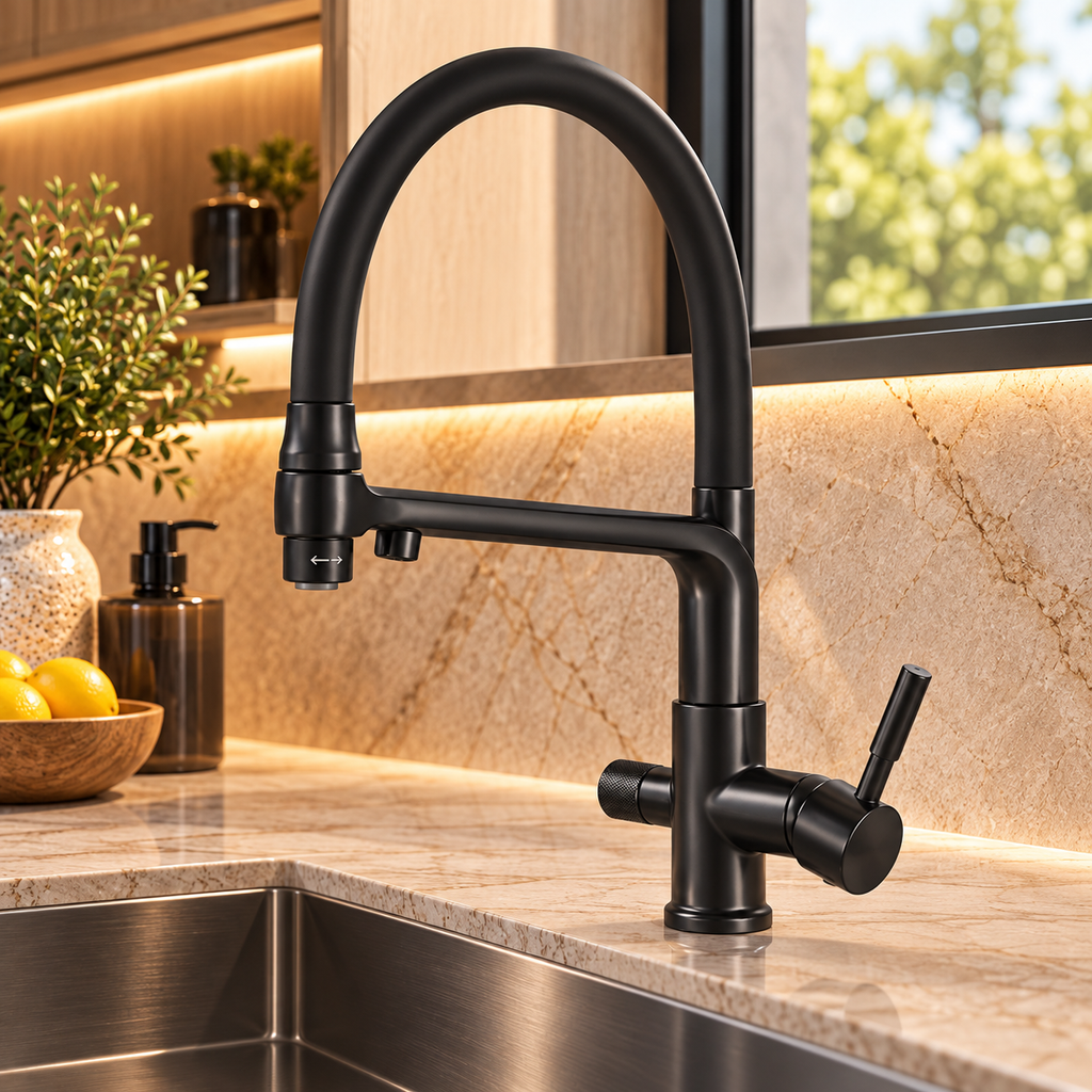 Robinet de cuisine TARVEN noir à col flexible dans une cuisine contemporaine
