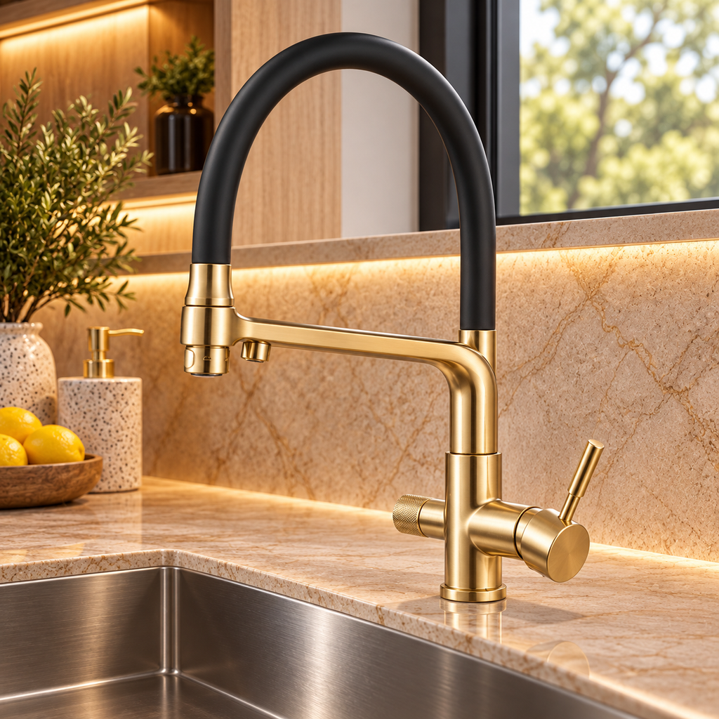 Robinet de cuisine TARVEN doré à col flexible noir dans une cuisine