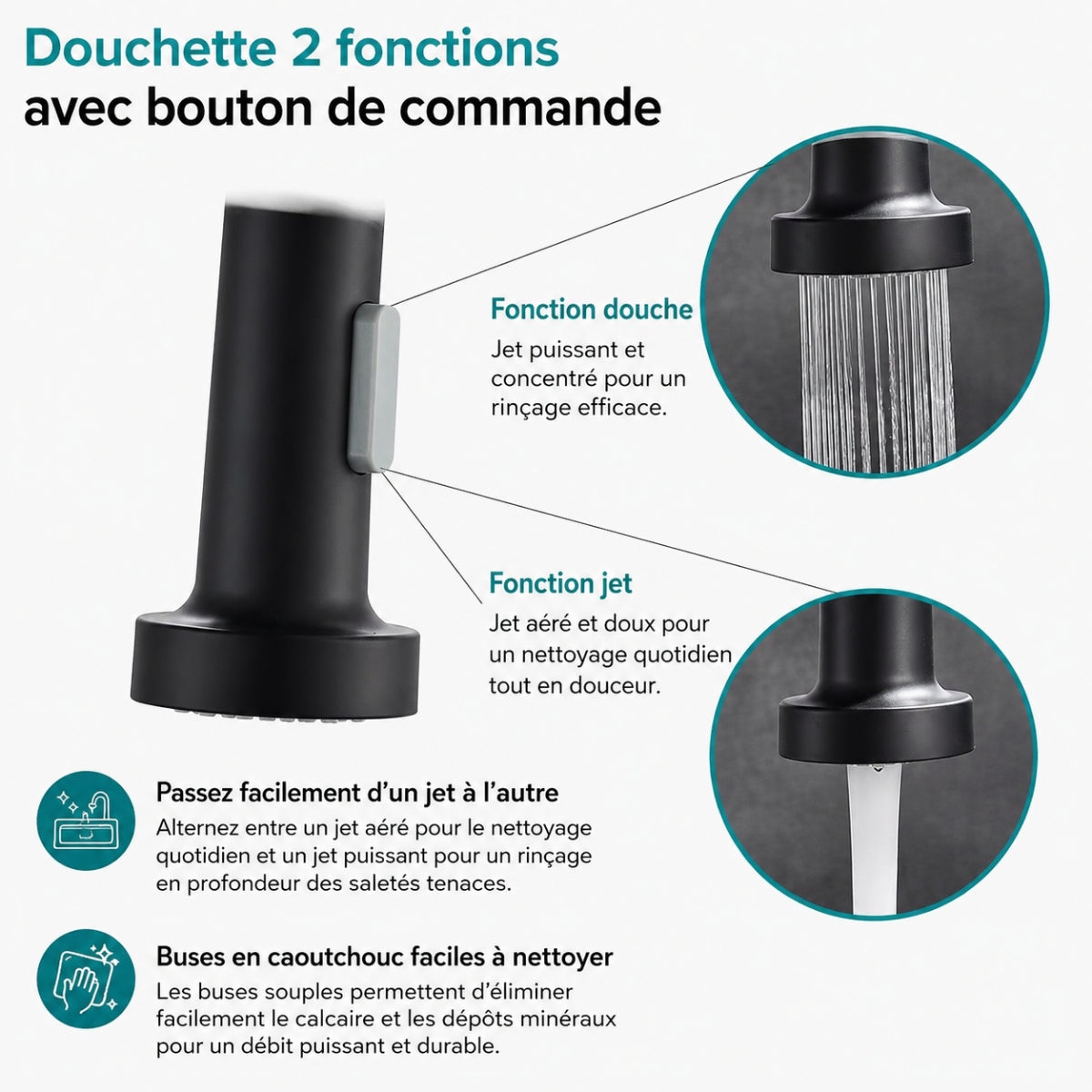 Les deux fonctions de la douchette du robinet de cuisine VEDRA : jet et douche