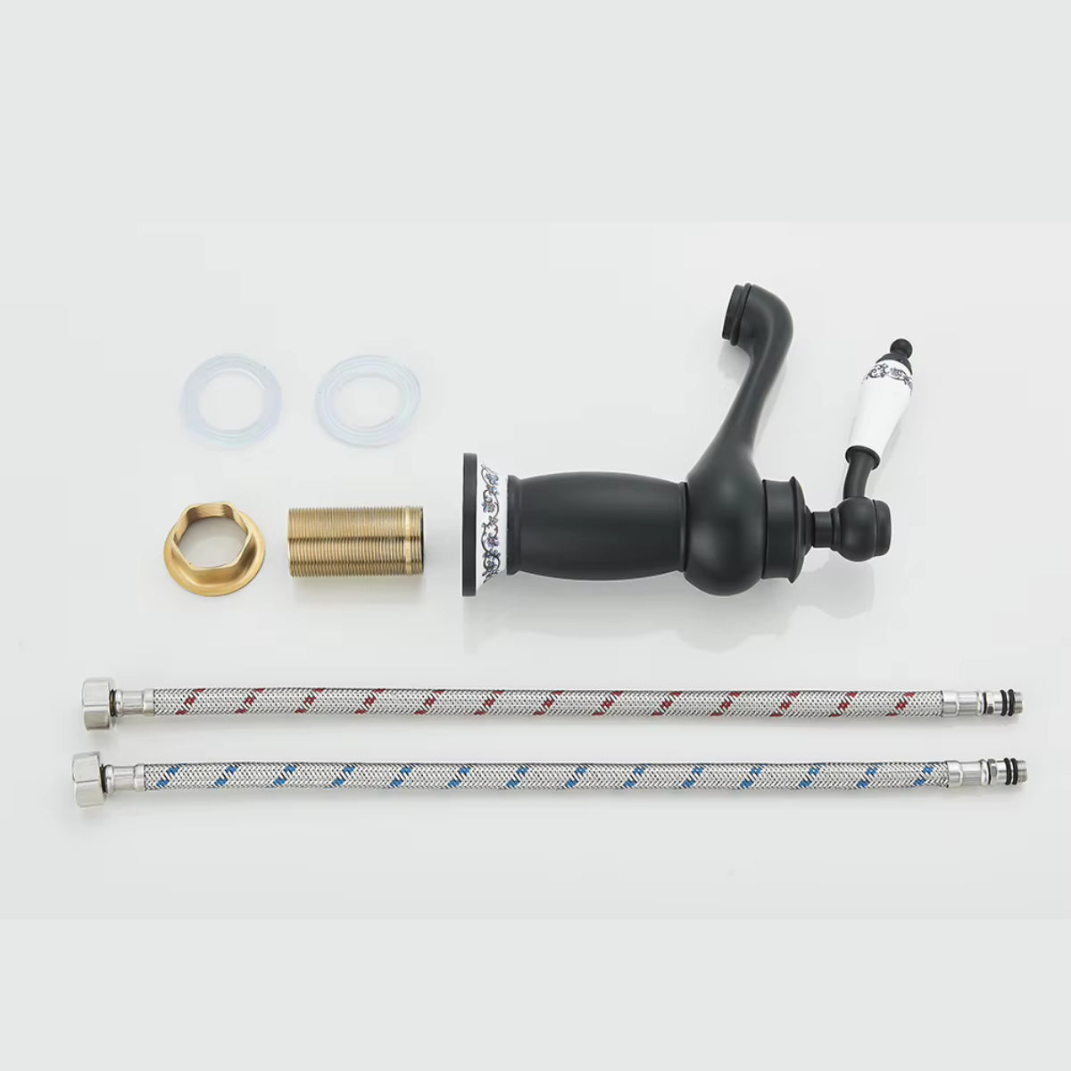 Contenu du colis du robinet de lavabo ARVEN : robinet, flexibles, joints et écrou