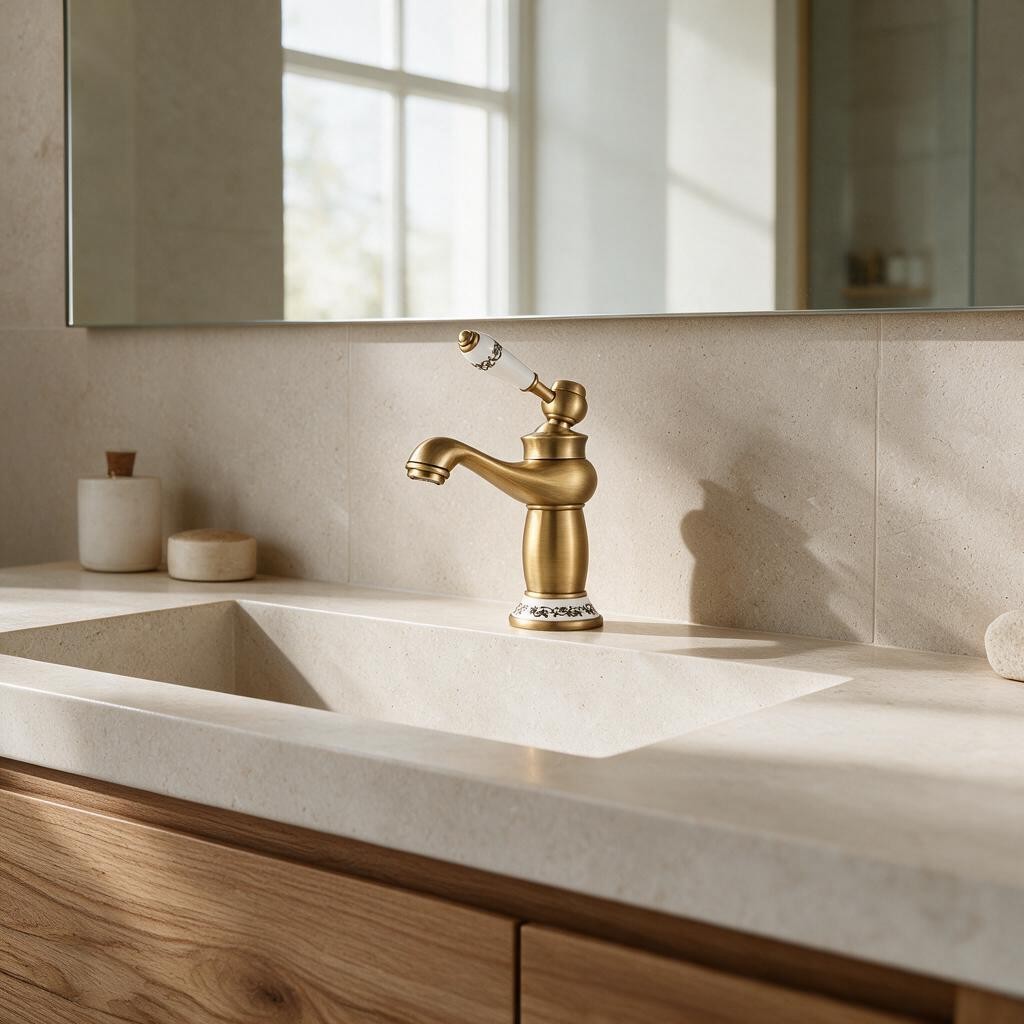 Robinet de lavabo ARVEN doré à poignée porcelaine sur un plan de toilette clair