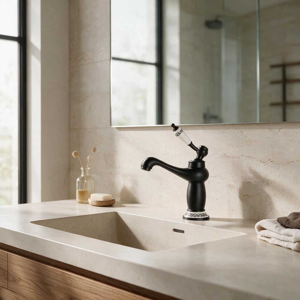 Robinet de lavabo ARVEN noir à poignée porcelaine sur un plan de toilette en pierre