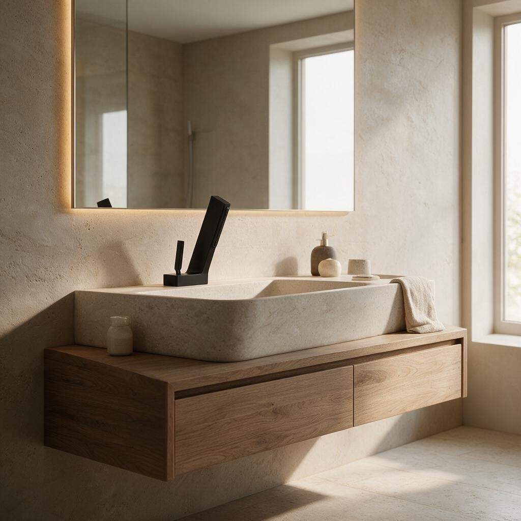Robinet de lavabo DRAVEN noir installé sur une vasque en pierre, meuble en bois