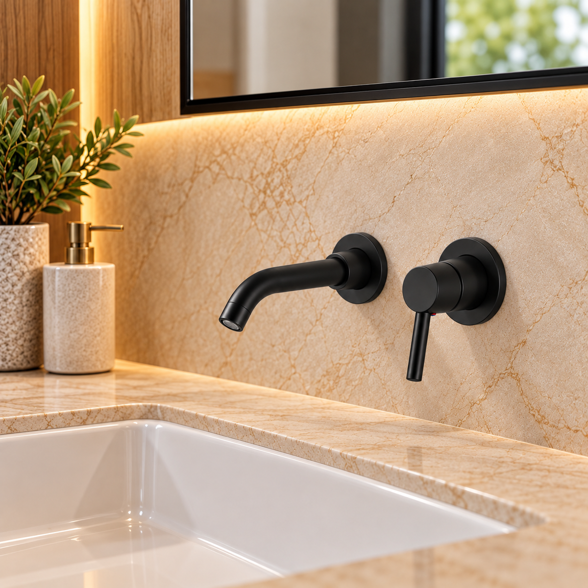 Robinet de lavabo mural EMBLA noir au-dessus d'une vasque encastrée